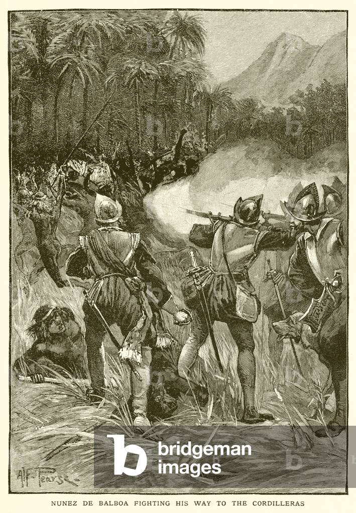 Nunez de Balboa Fighting his Way to the Cordilleras (engraving)