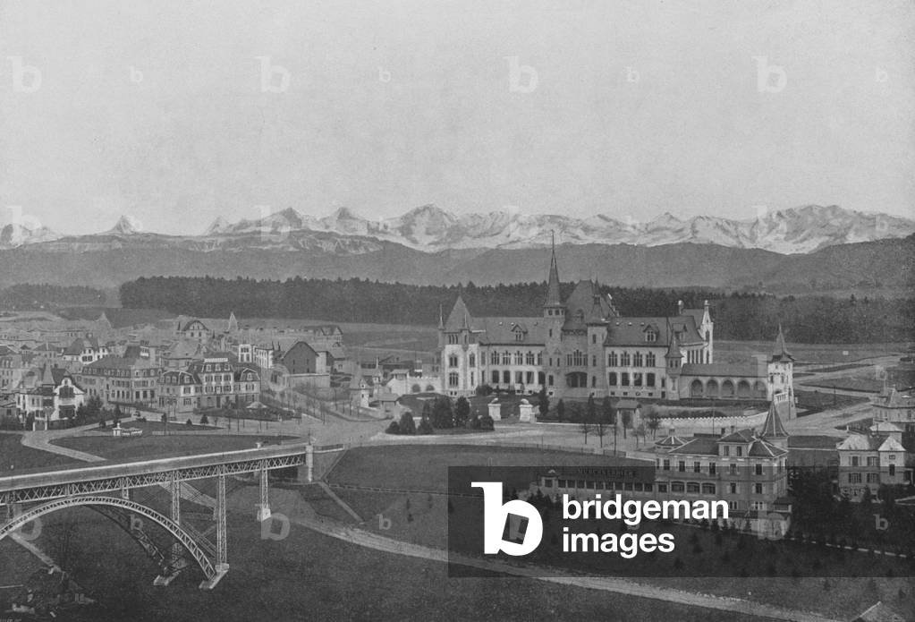 Berne, Vue sur le Kirchenfeld et les Alpes bernoises (b/w photo)