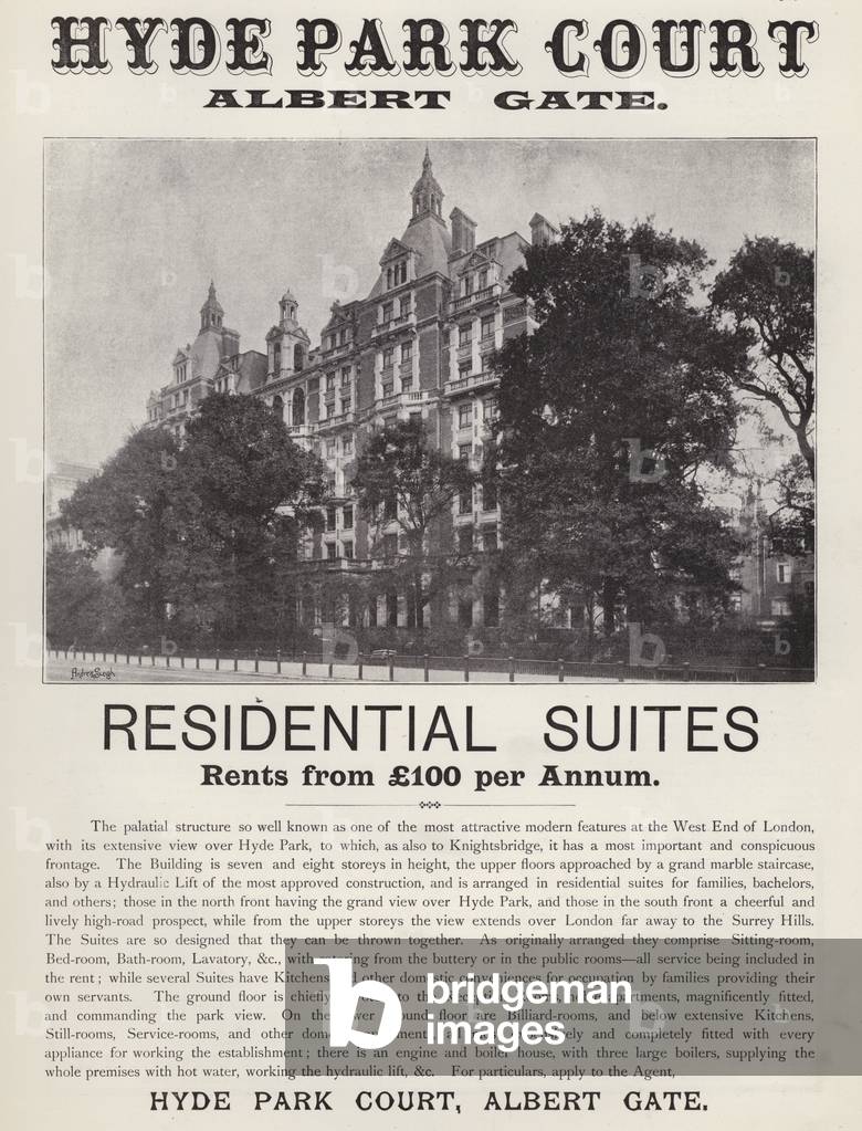 Advertisement for residential suites at Hyde Park Court, Albert Gate, Knightsbridge, London (litho)