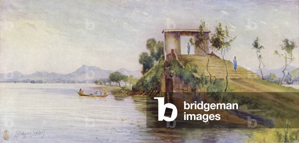 Hangchow, a Bridge on the Causeway, West Lake (colour litho)