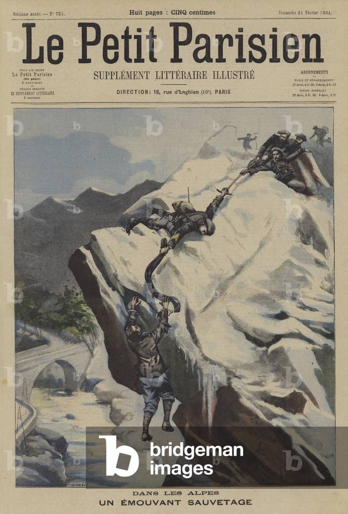 Stirring rescue of a soldier in the Alps (colour litho)