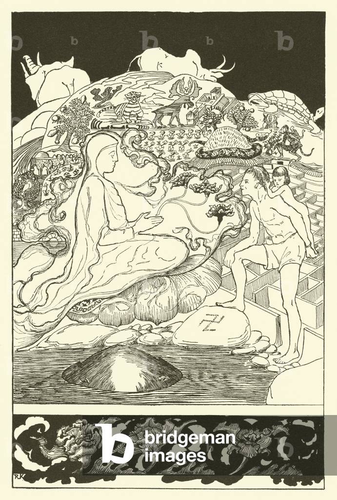 Pau Amma the Crab running away while the Eldest Magician was talking to the Man and his Little Girl Daughter (engraving)