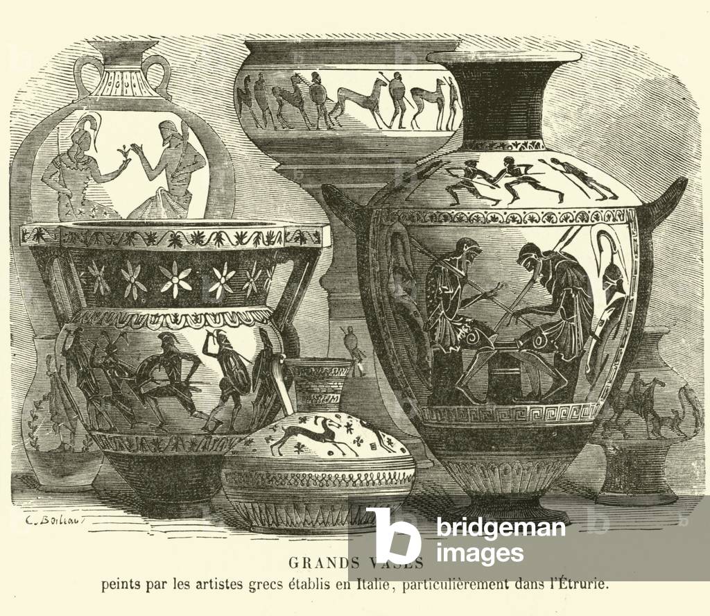 Large ancient Roman vases painted by Greek craftsmen established in Italy, particularly in Etruria (engraving)