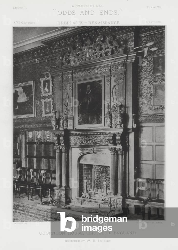 Fireplace: Quorndon House, Leicester, England (b/w photo)