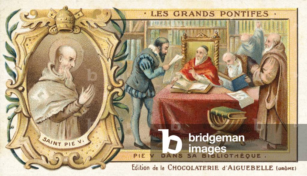 Pope Pius V in his library, 16th Century (chromolitho)