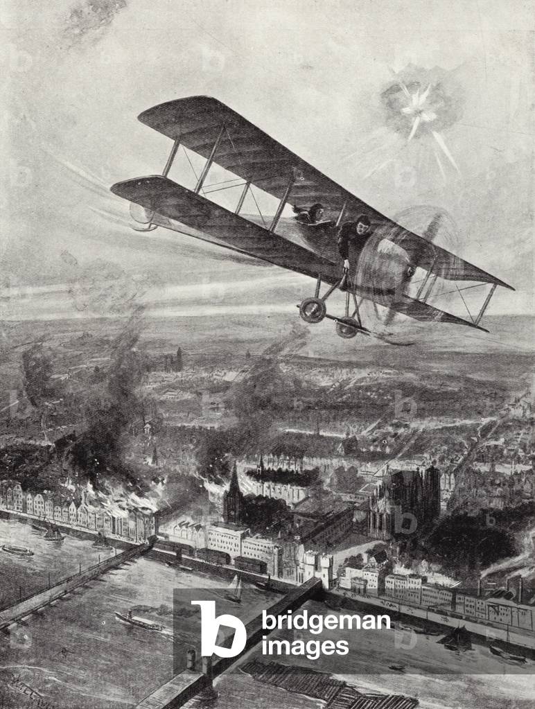 Squadron Leader Spenser Grey flying over Cologne, 8 October 1914 (litho)