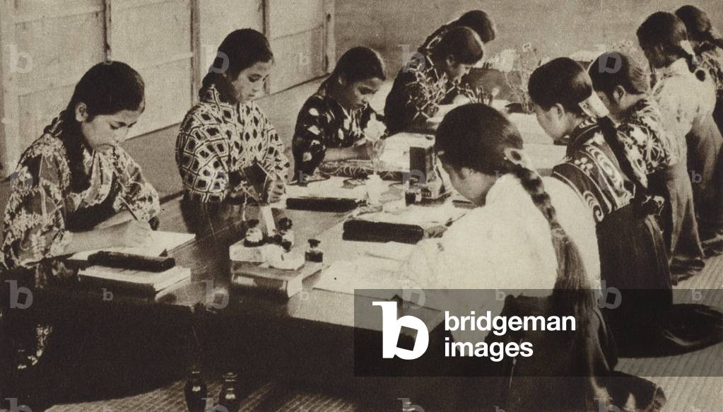 Japanese schoolchildren in class (b/w photo)