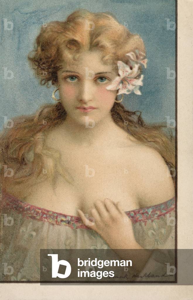 Portrait of a young woman with flowers in her hair (chromolitho)