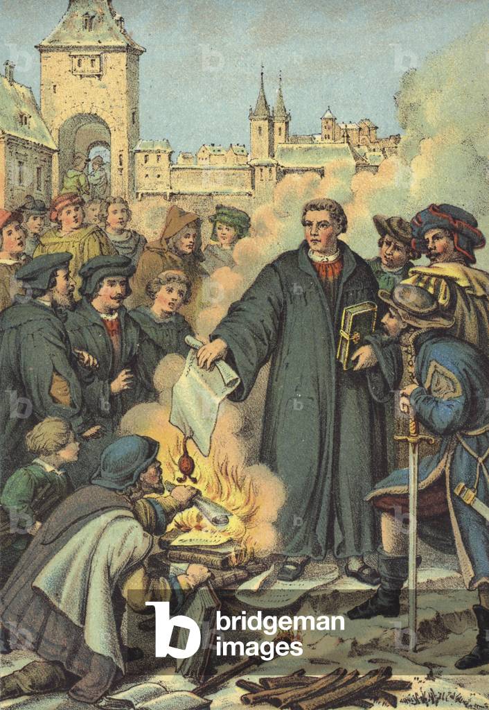 Luther sets fire to the Papal bulls, Wittenberg, 10 December 1520 (chromolitho)