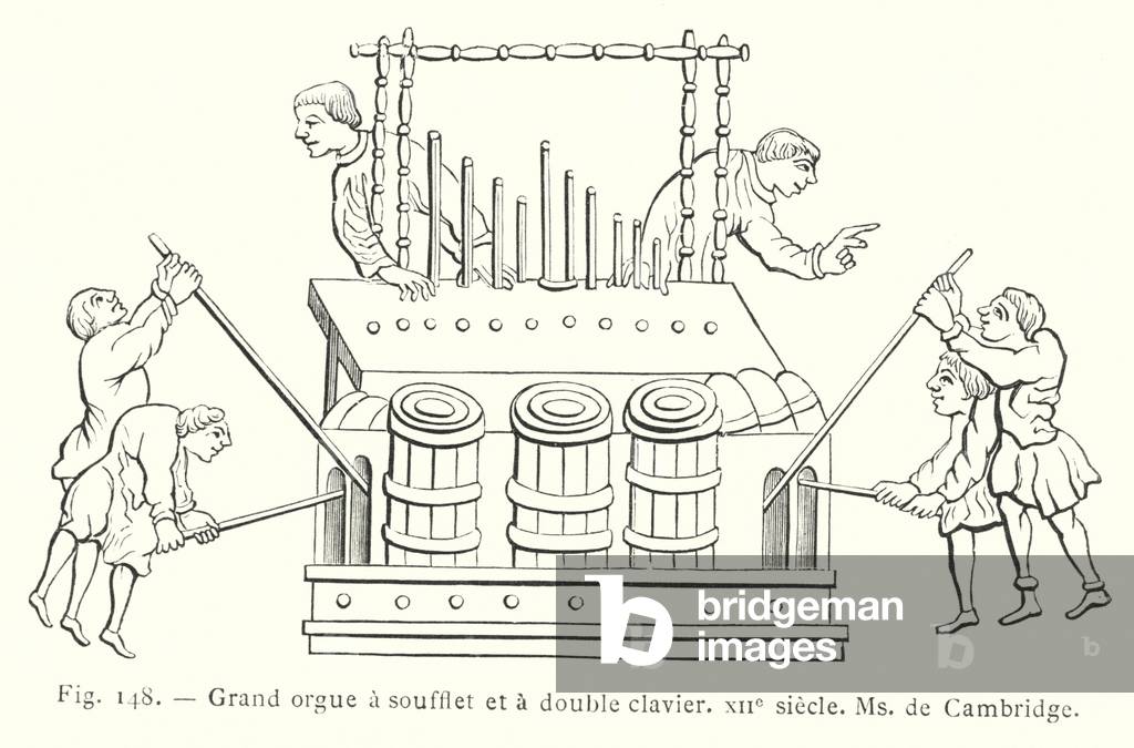 Grand orgue a soufflet et a double clavier, XIIe siecle, Ms de Cambridge (engraving)