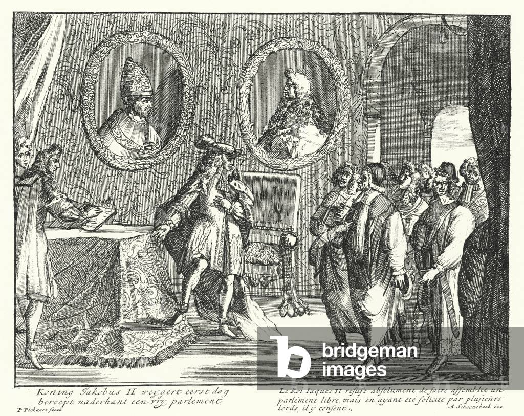 James II of England refuses to allow Parliament to sit (engraving)