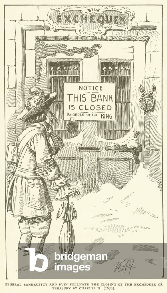 General Bankruptcy and ruin followed the closing of the Exchequer or Treasury by Charles II (1672) (engraving)