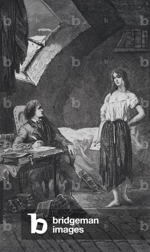 Scene from Les Miserables, by Victor Hugo: Marius receives a letter (engraving)