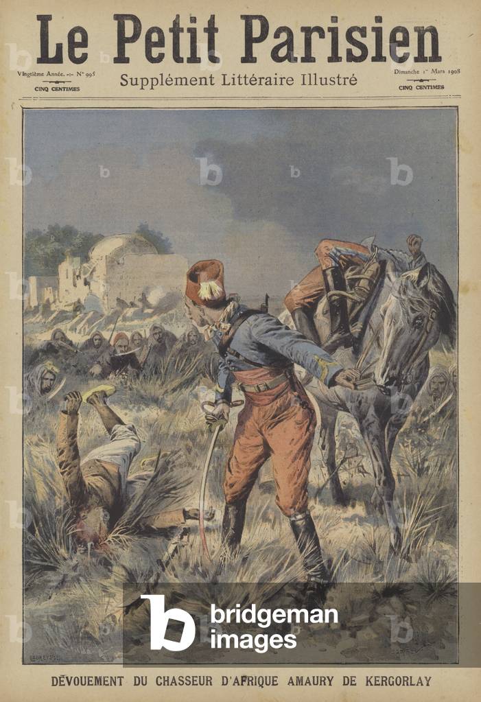 Devotion to duty of the French Chasseur d'Afrique Amaury de Kergorlay (colour litho)
