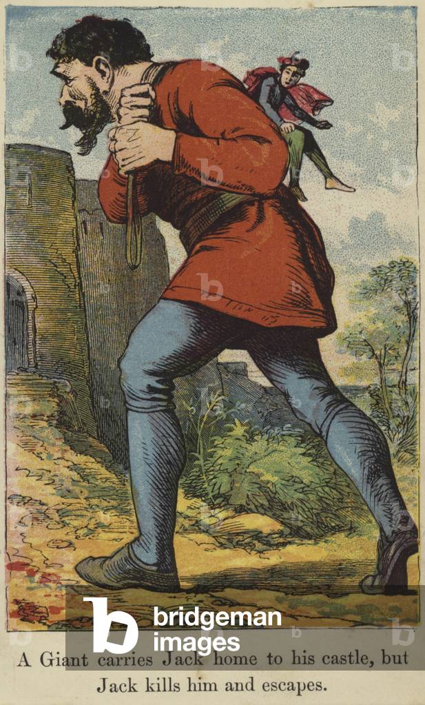 A giant carries Jack home to his castle (colour litho)