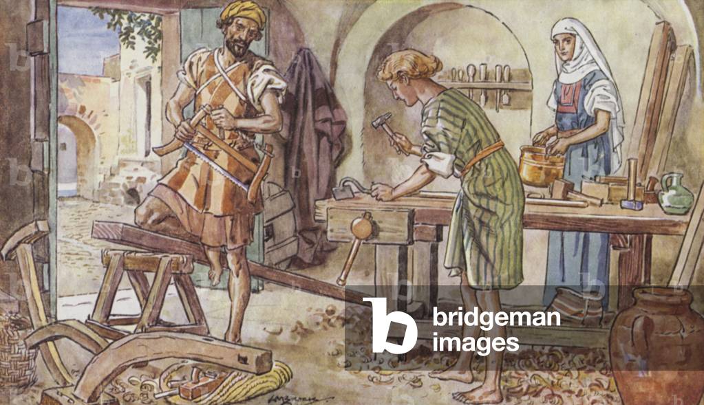 Jesus at Nazareth (colour litho)