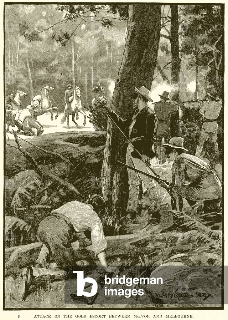 Attack on the Gold Escort between McIvor and Melbourne (engraving)