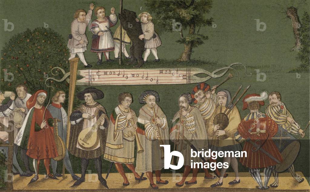 Musicians from Augsburg, Germany, playing for dancers of the Geschlechtertanz, 1520 (colour litho)