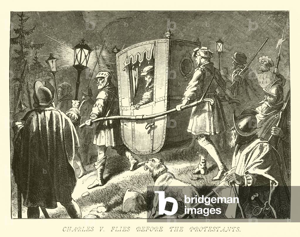 Charles V flies before the Protestants (engraving)