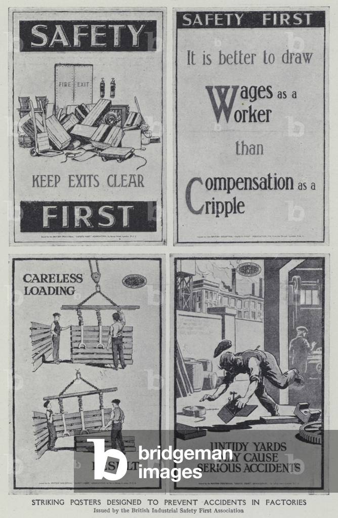 Striking posters designed to prevent accidents in factories (b/w photo)