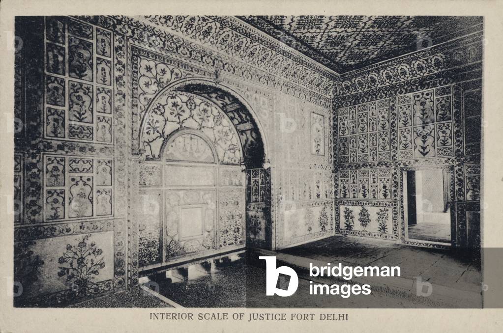 Marble screen with scale of justice, interior of the Khas Mahal, private residence of the Mughal emperors in the Red Fort, Delhi, India (b/w photo)