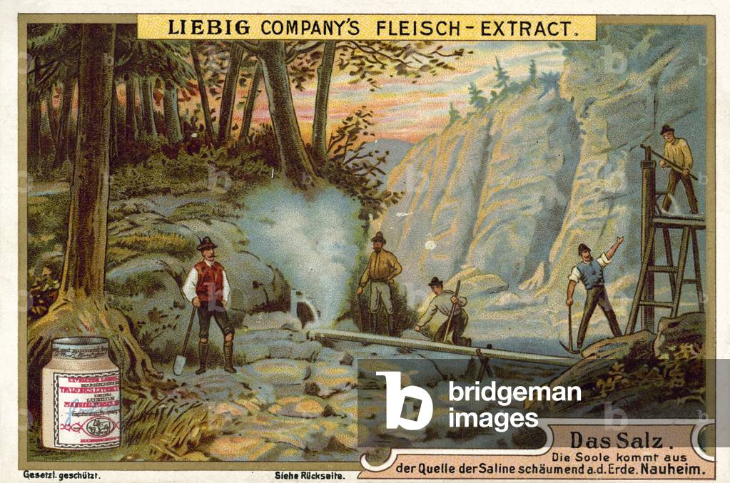 Salt: brine coming out of a saline spring, Nauheim, Germany (chromolitho)