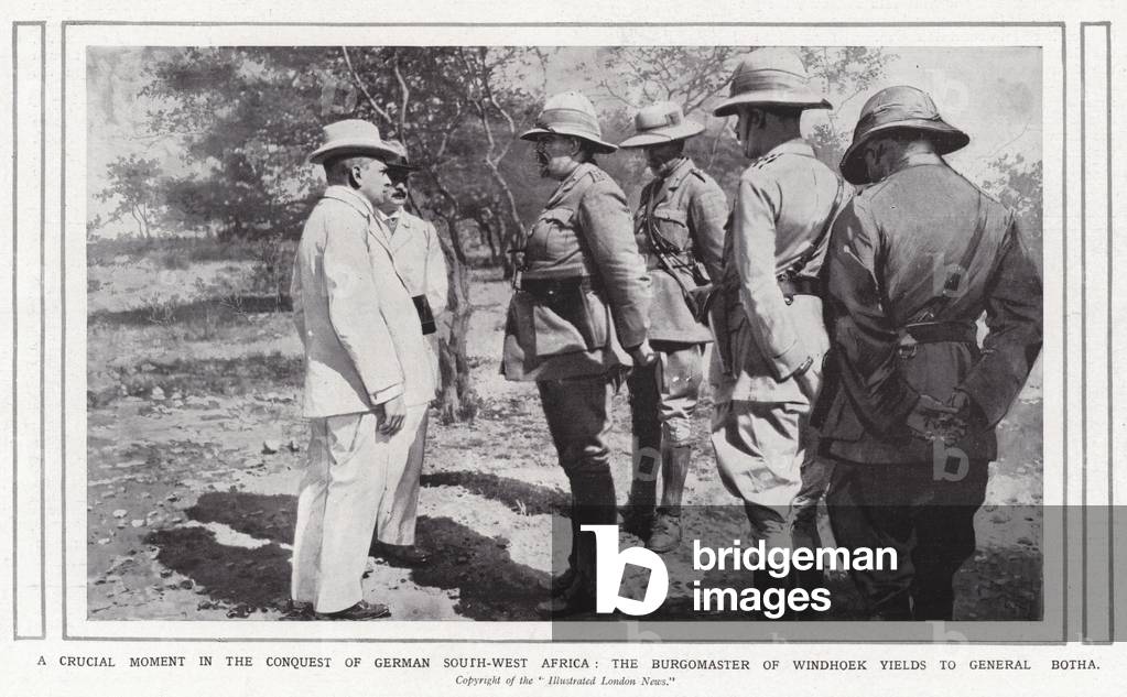 A crucial moment in the conquest of German South-West Africa, the Burgomaster of Windhoek yields to General Botha (b/w photo)