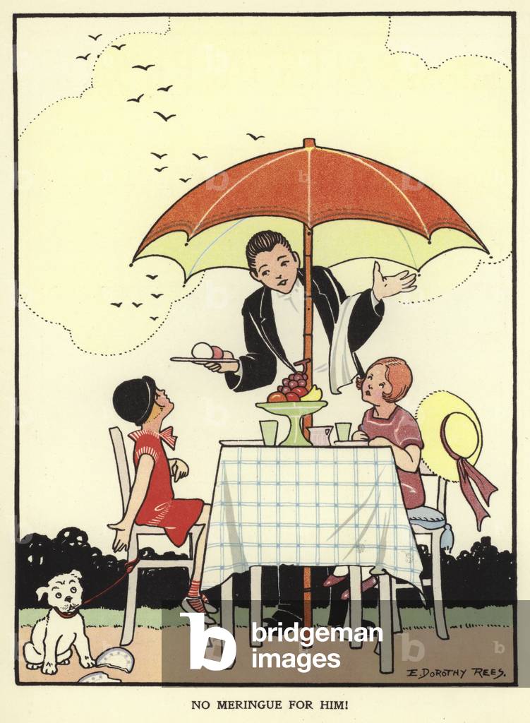 Girl instructing a waiter not to feed her pet dog meringue (colour litho)