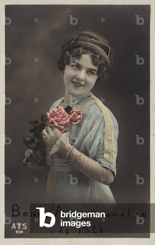 Girl holding roses (colour photo)