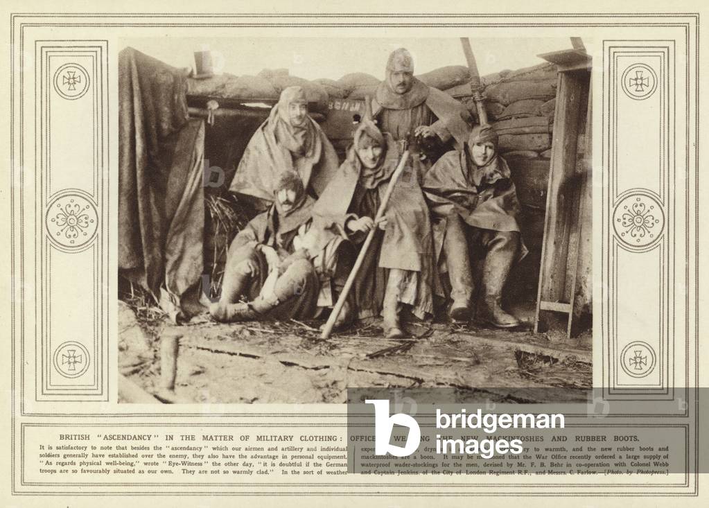 British ascendancy in the matter of military clothing, officers wearing the new mackintoshes and rubber boots (b/w photo)