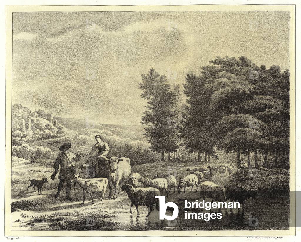 Landscape with herders and animals (litho)