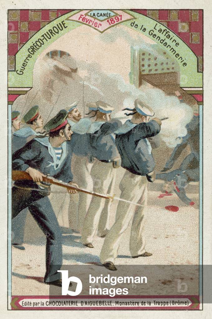 The affair of the Gendarmerie, Chania, Crete, Greco-Turkish War, February 1897 (chromolitho)