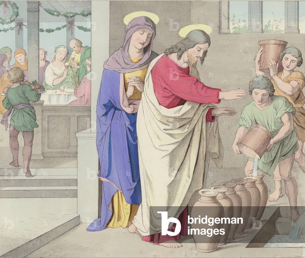 The marriage in Cana (coloured engraving)