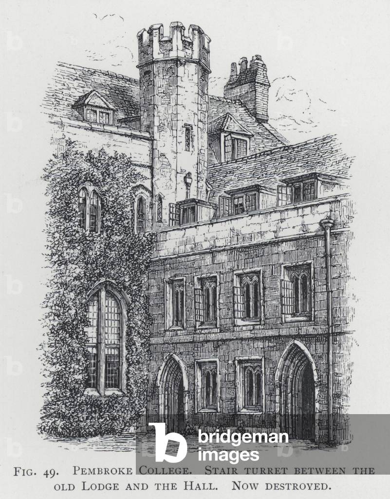 Pembroke College, Stair turret between the old Lodge and the Hall, now destroyed (engraving)