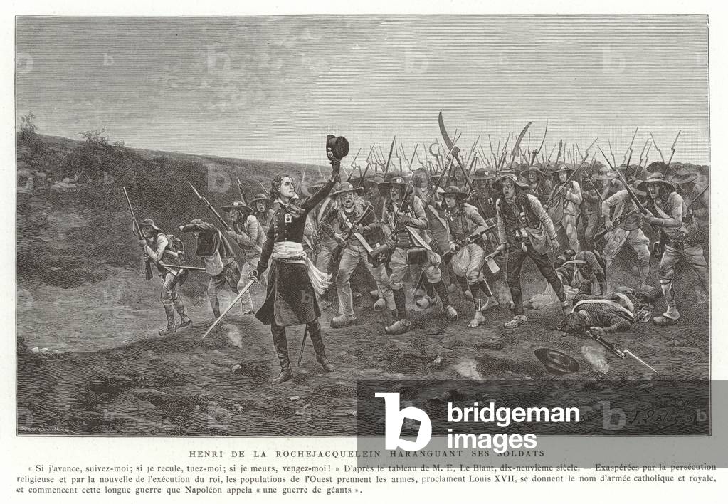 Henri de la Rochejaquelin haranguing his soldiers, Vendee Revolt, France (engraving)