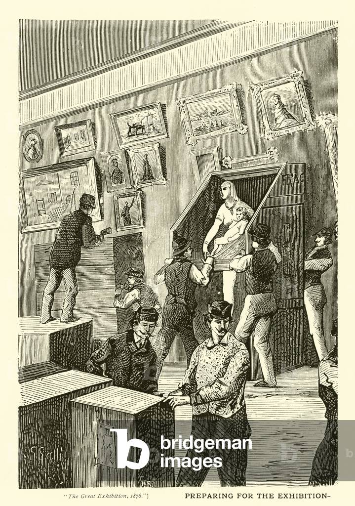 Preparing for the Exhibition, placing Statuary in the Annex (engraving)