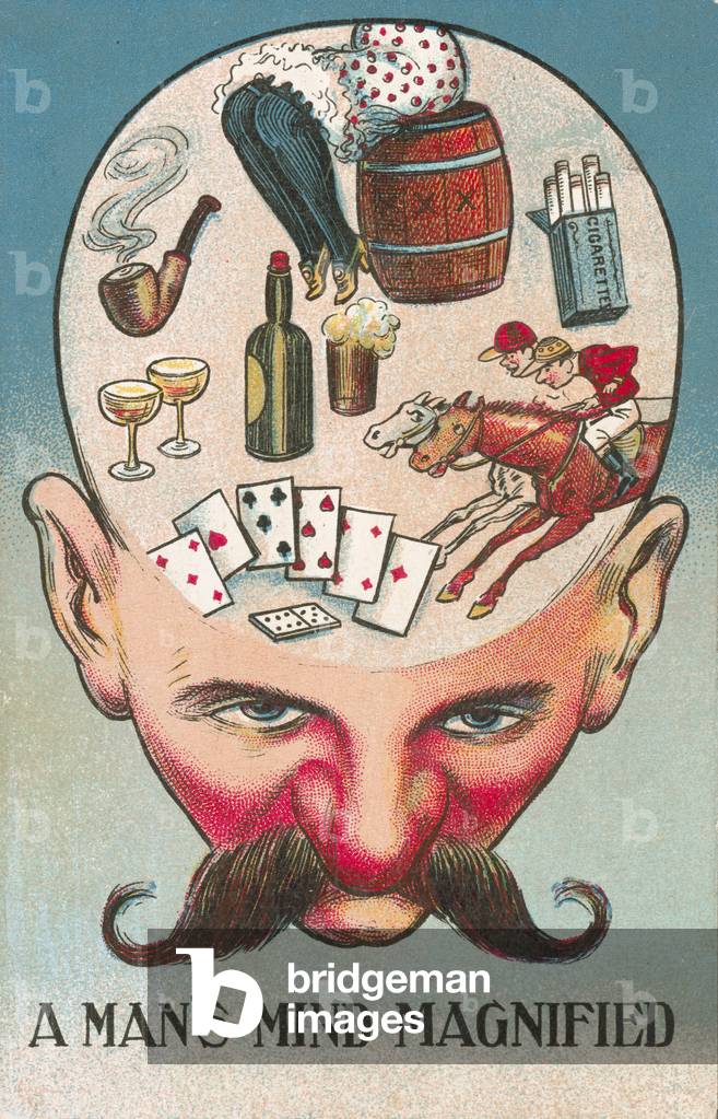 A man's mind magnified (colour litho)