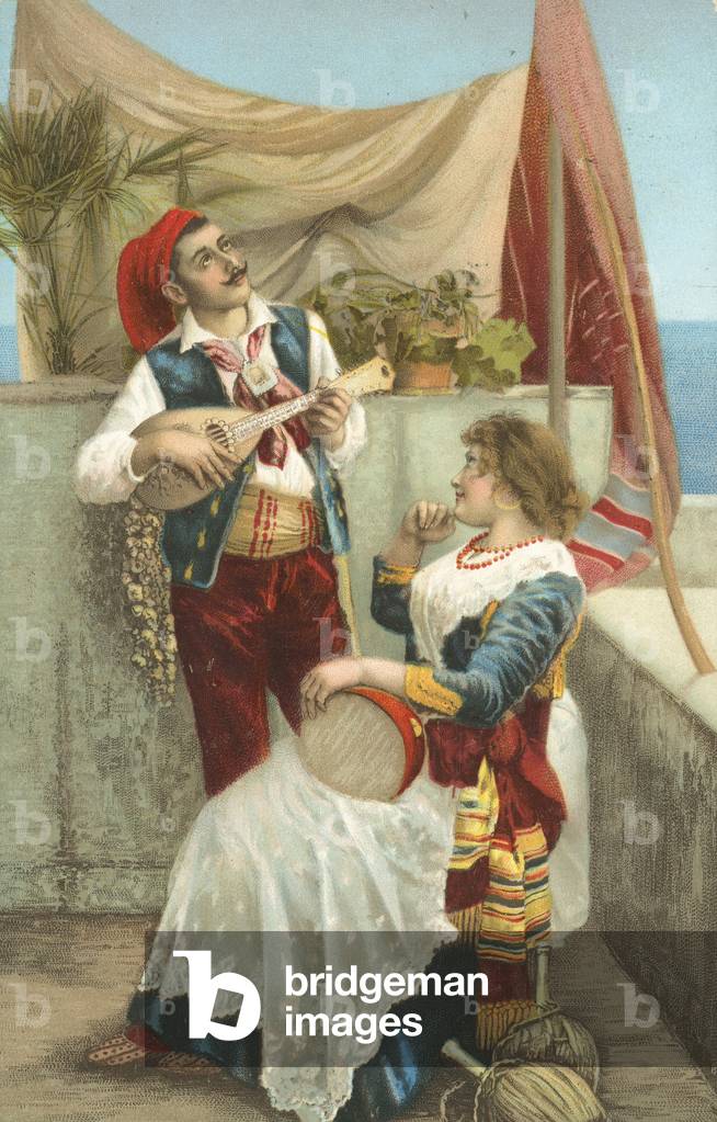 Greek musicians in traditional costume (chromolitho)