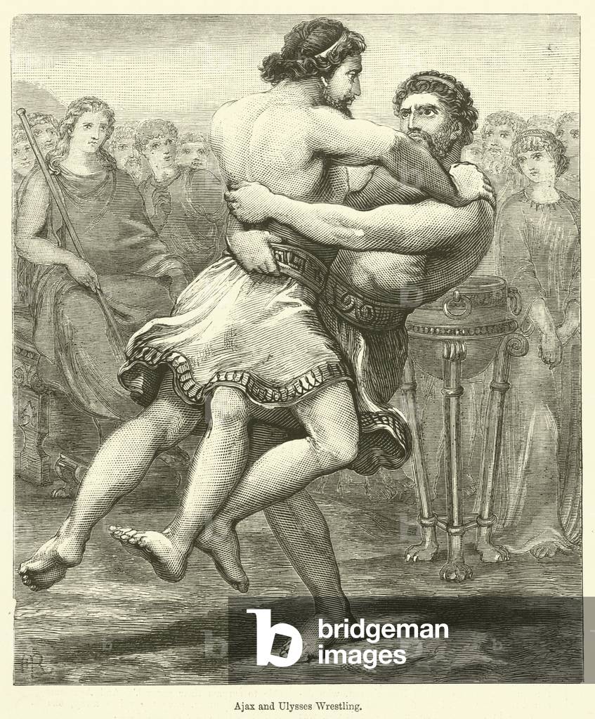 Ajax and Ulysses wrestling, 19th century (print)