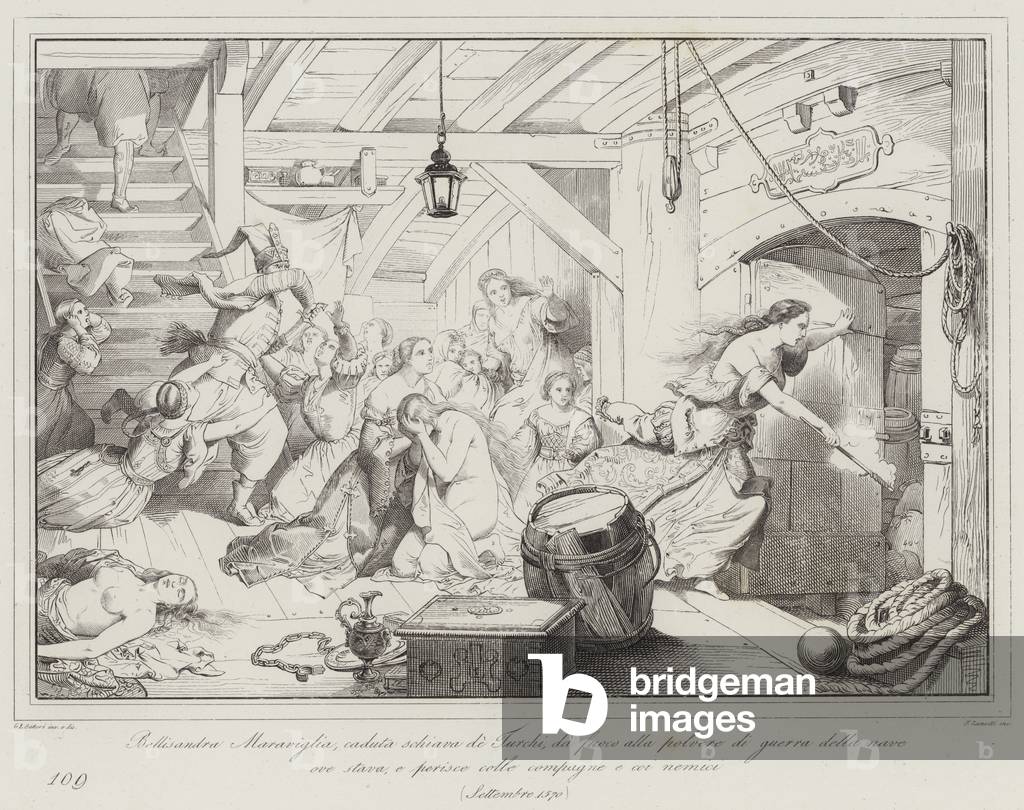 Bellisandra Maraviglia, caduta schiava de'Turchi, da fuoco alla polvere di guerra della nave ove  (engraving)