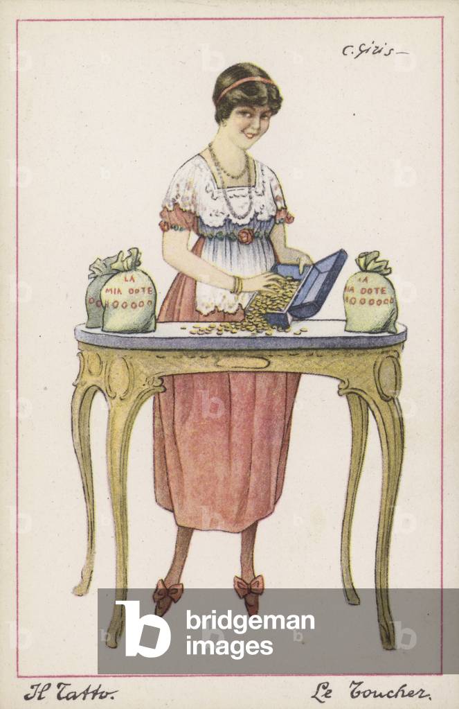 Girl counting her dowry (colour litho)