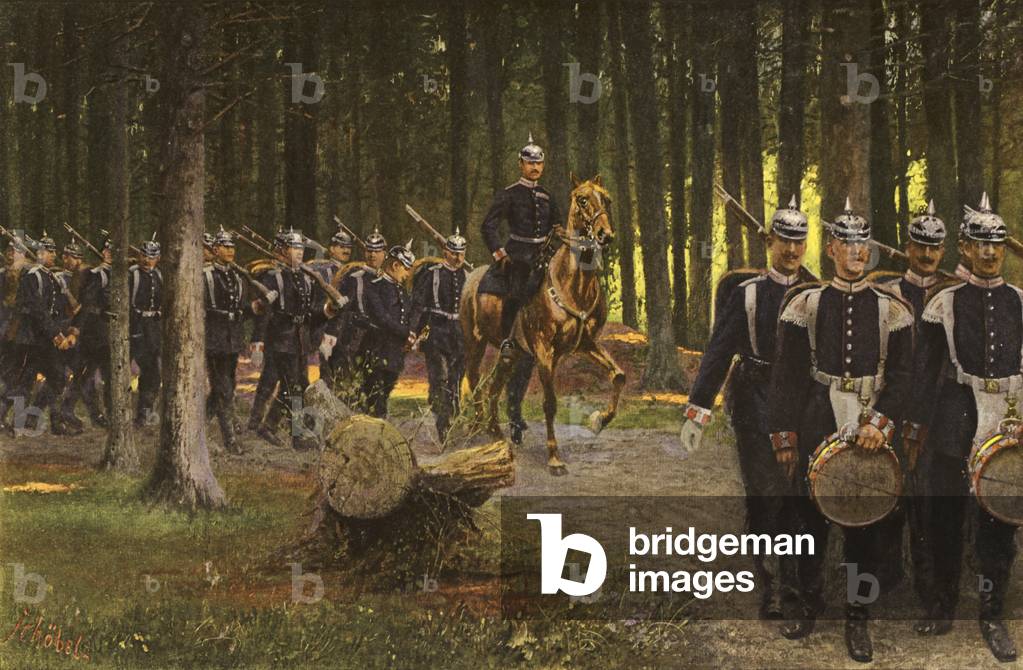 Regiment of the German 1st Guards Infantry Division on the march (colour litho)