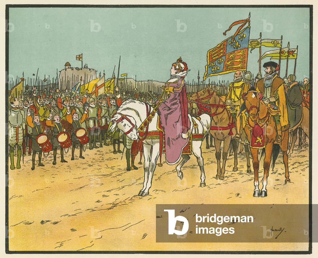 Elizabeth I reviews the troops at Tilbury (colour litho)