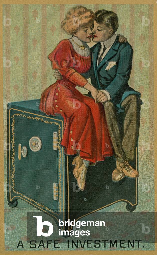 Man and Woman embracing on a safe, A Safe Investment (chromolitho)