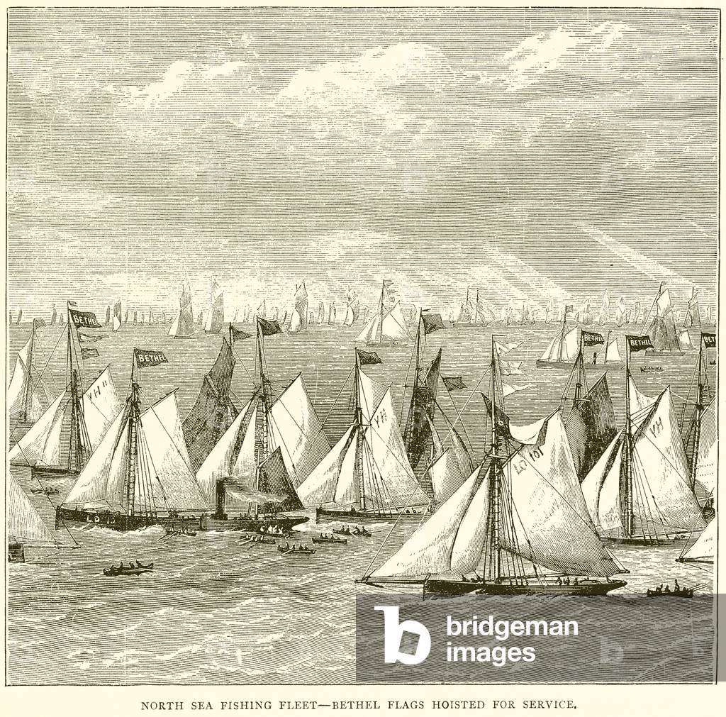 North Sea Fishing Fleet--Bethel Flags Hoisted for Service (engraving)