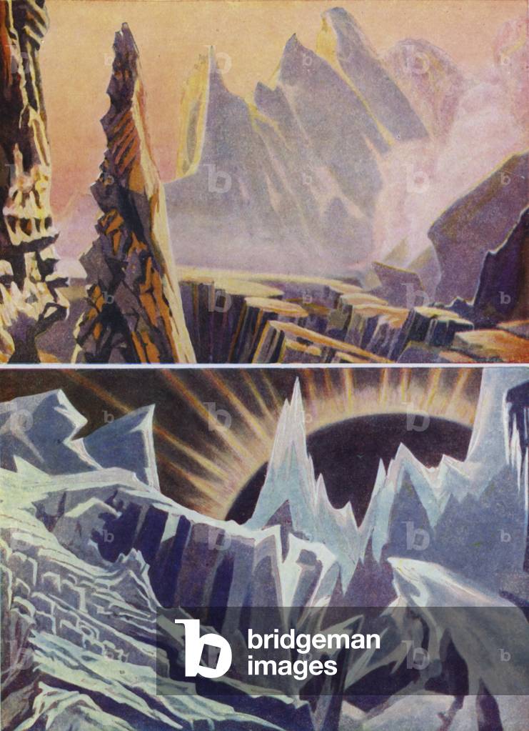 An artists vision of the scenery of the planet Mercury, on both the hot and cold sides (colour litho)