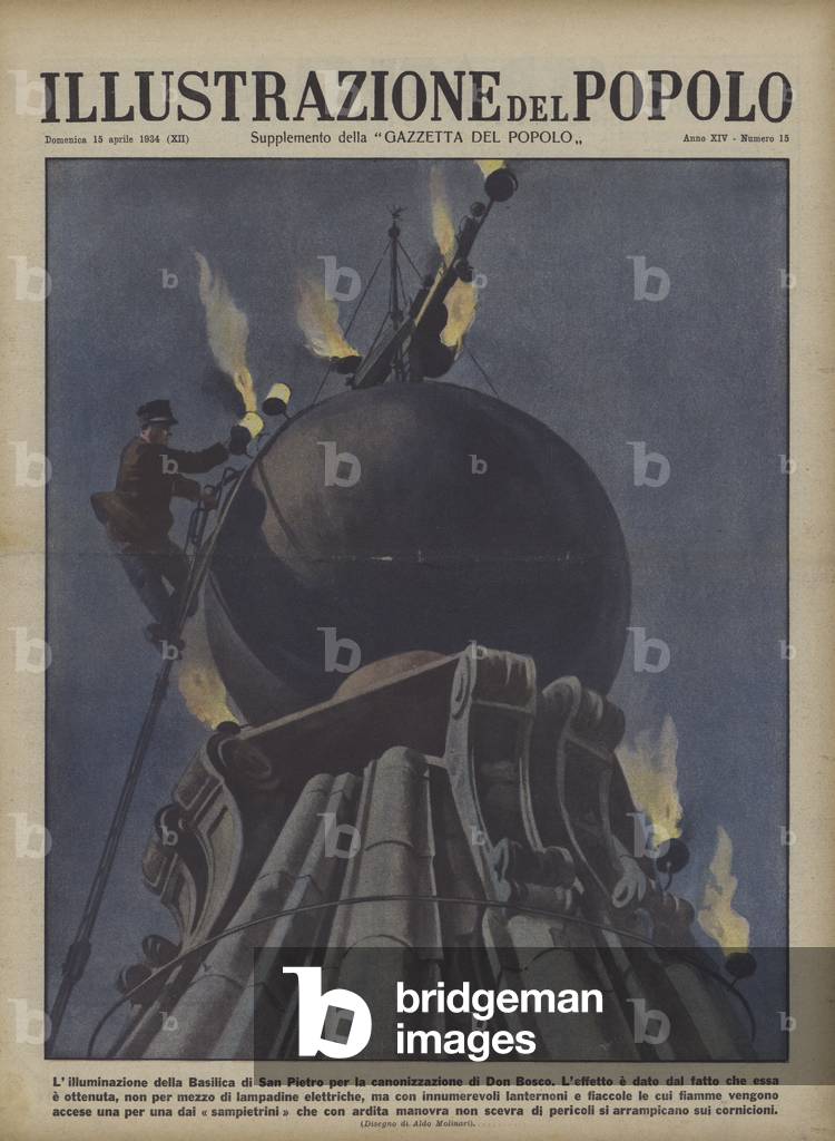 Lighting of torches on top of the dome of St Peter's Basilica in Rome for the canonisation of Don Bosco (colour litho)