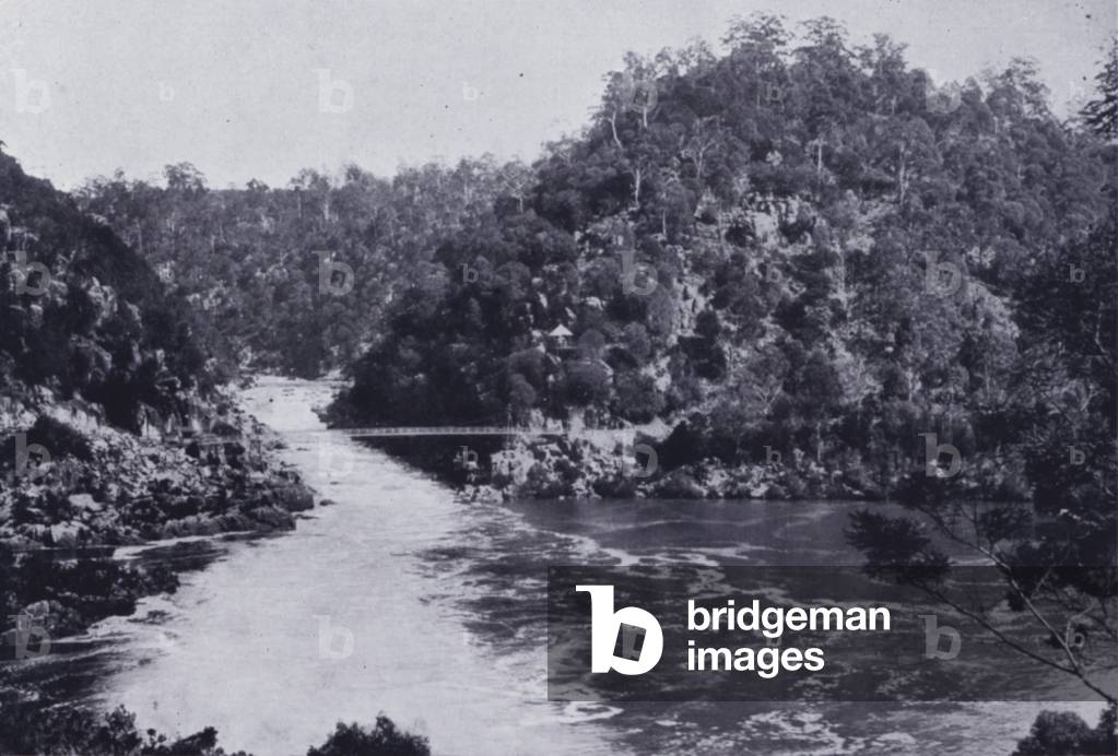 Launceston: The First Basin and Alexandra Bridge, Cataract Gorge (b/w photo)