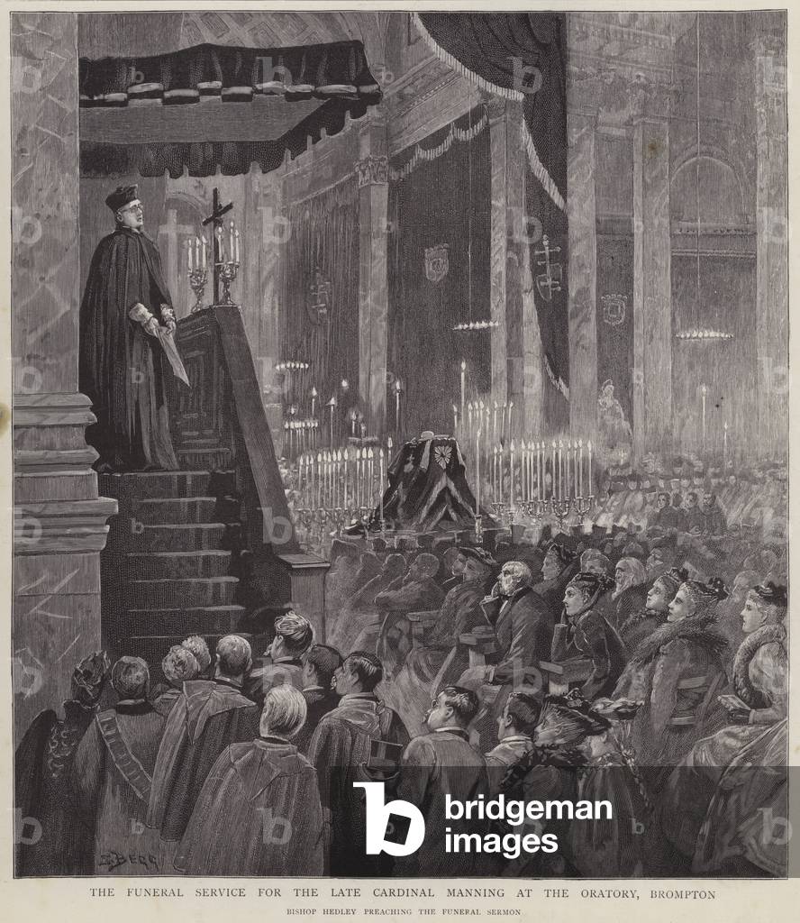 Bishop Hedley preaching the sermon at the funeral of Cardinal Henry Edward Manning, Archbishop of Westminster, Brompton Oratory, London, 1892 (litho)