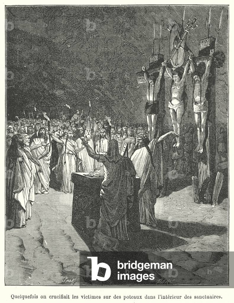 Crucifixion of sacrificial victims inside a sanctuary (engraving)